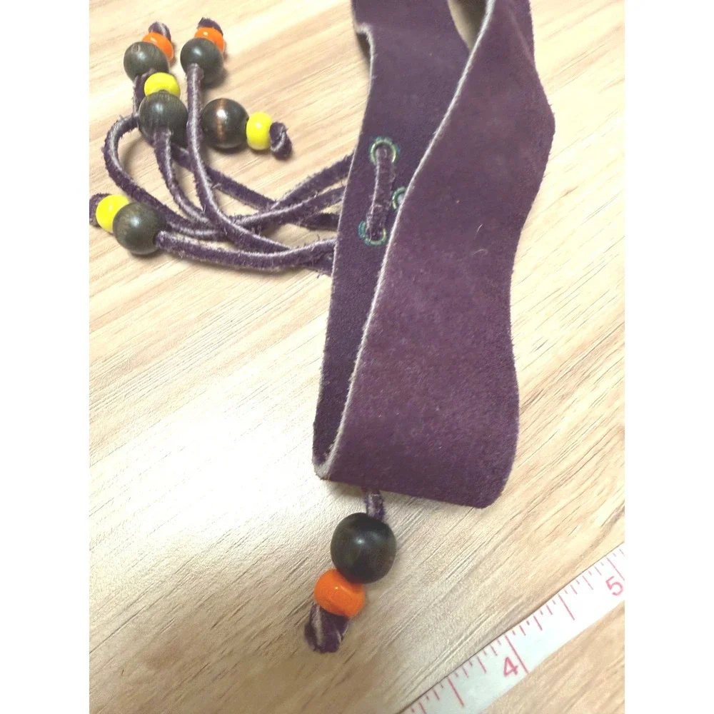 Purple Suede Leather Beaded Hippie Headband Boho Lace Up Wide Band